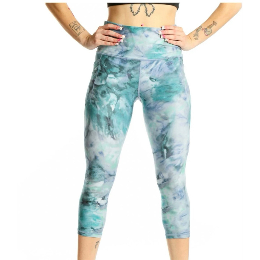 Women's Athleta Teal Blue Tie-Dye Salutation Stash Pocket II Capri S